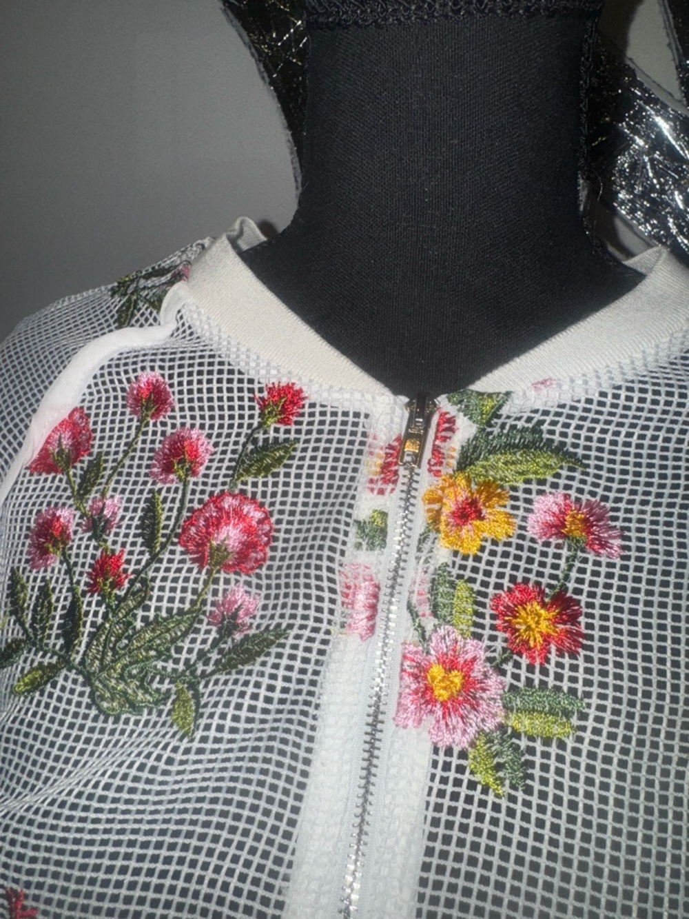 Chelsea & Violet White Mesh Zip-Front Floral Embroidered Jacket - Picture 3 of 7
